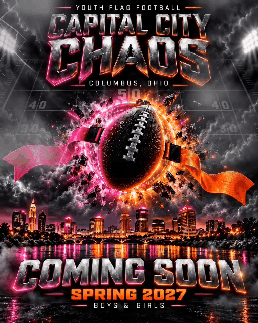 Animated Capital City Chaos flyer with rolling storm clouds and lightning. Coming soon Spring 2027 for boys and girls.